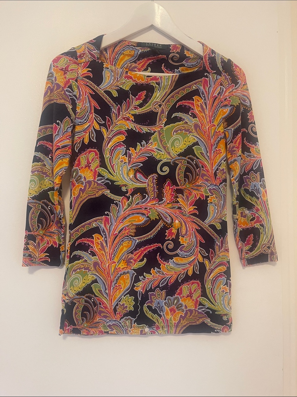 Lauren Ralph Lauren Black Long Sleeve Top with Multicolor Paisley